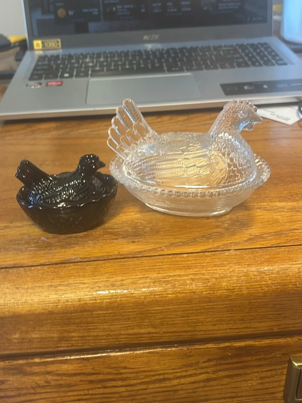 Clear Glass Lidded Dish & Black Glass Salt Cellar Set